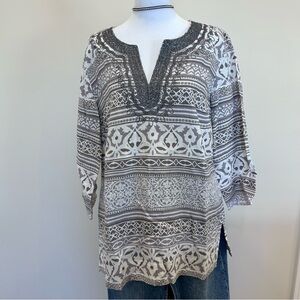 JM Collection 100% Linen Tunic Gray and White Patterned